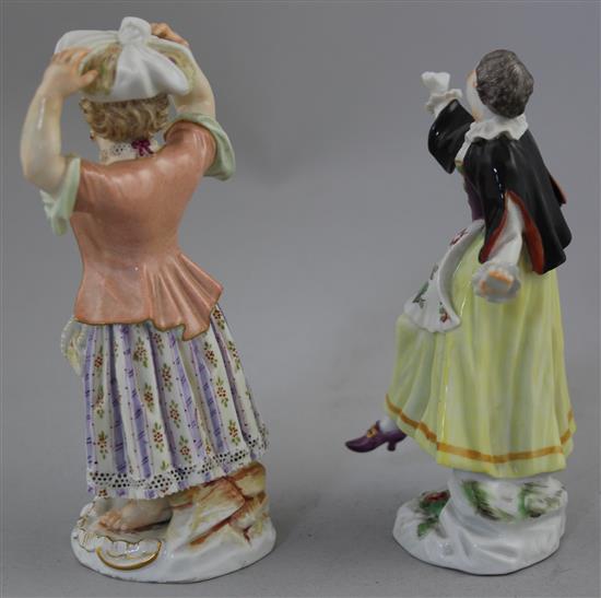 Two Meissen figures, late 19th / early 20th century, 12.5cm, dancing figure loss to right hand